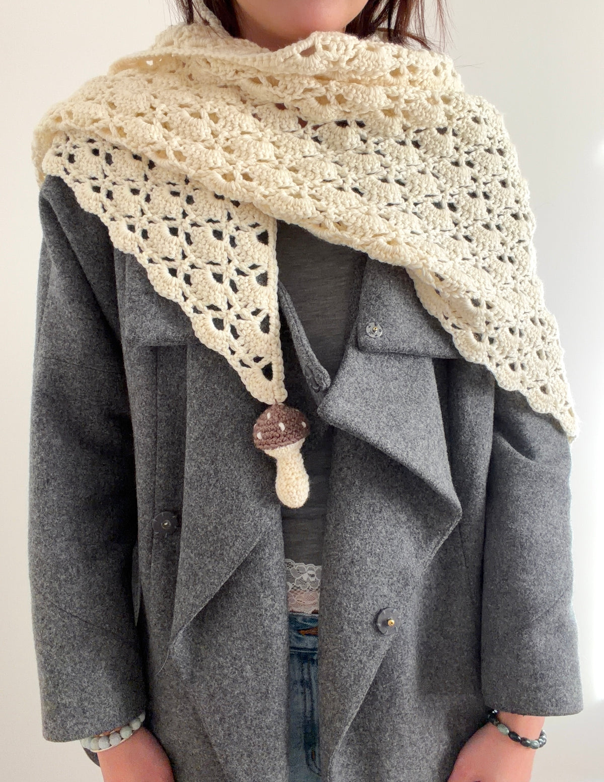 Crochet lace wool shawl with mushrooms