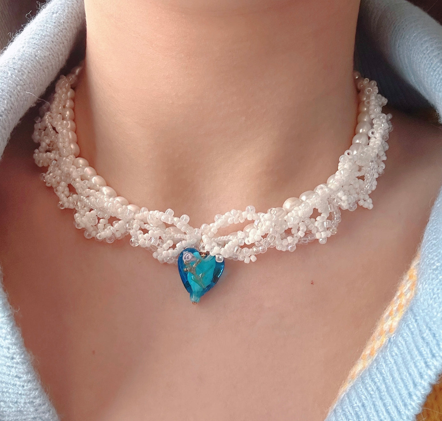 Puffy Cloud - beaded white lace necklace