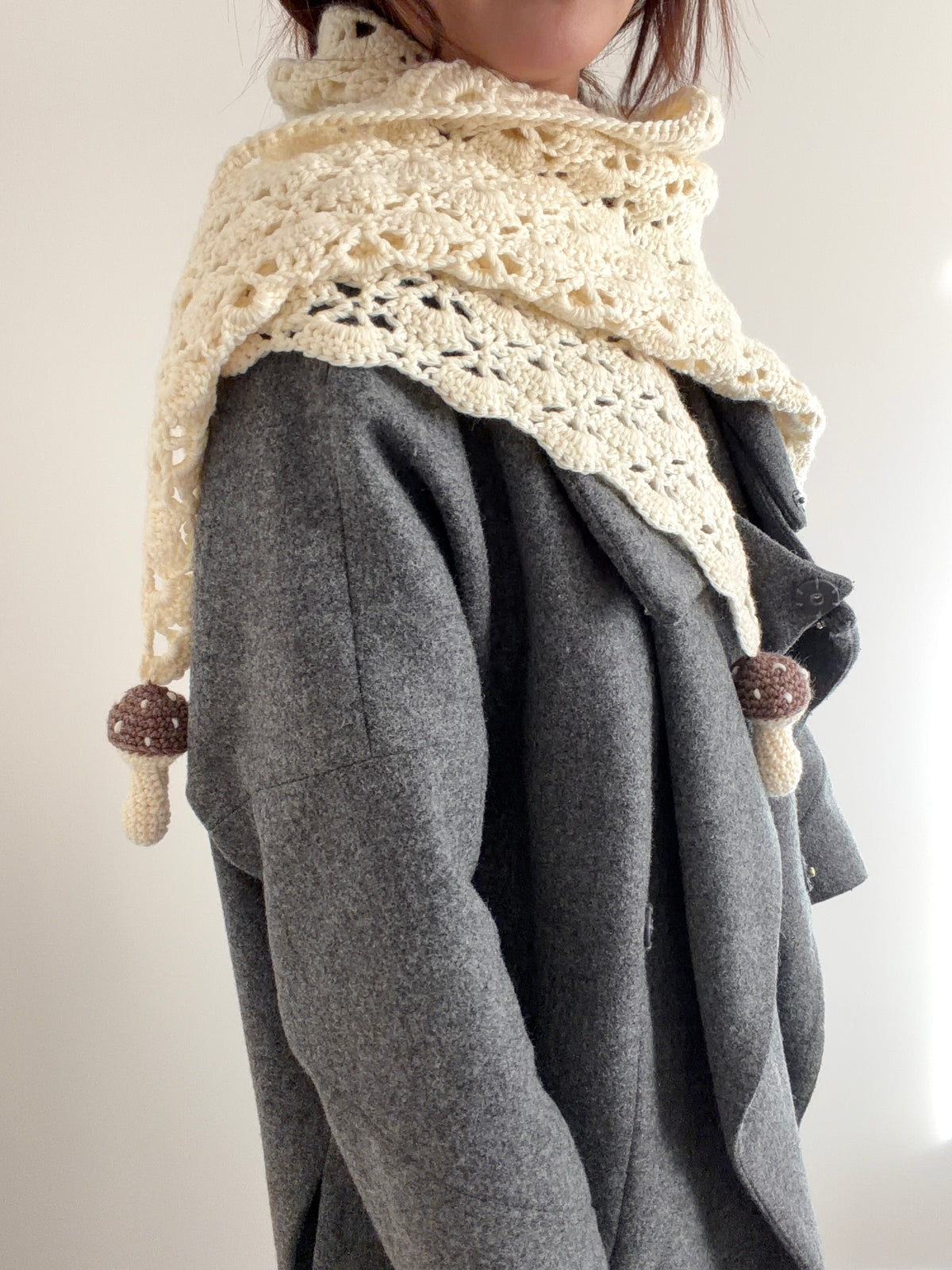 Crochet lace wool shawl with mushrooms