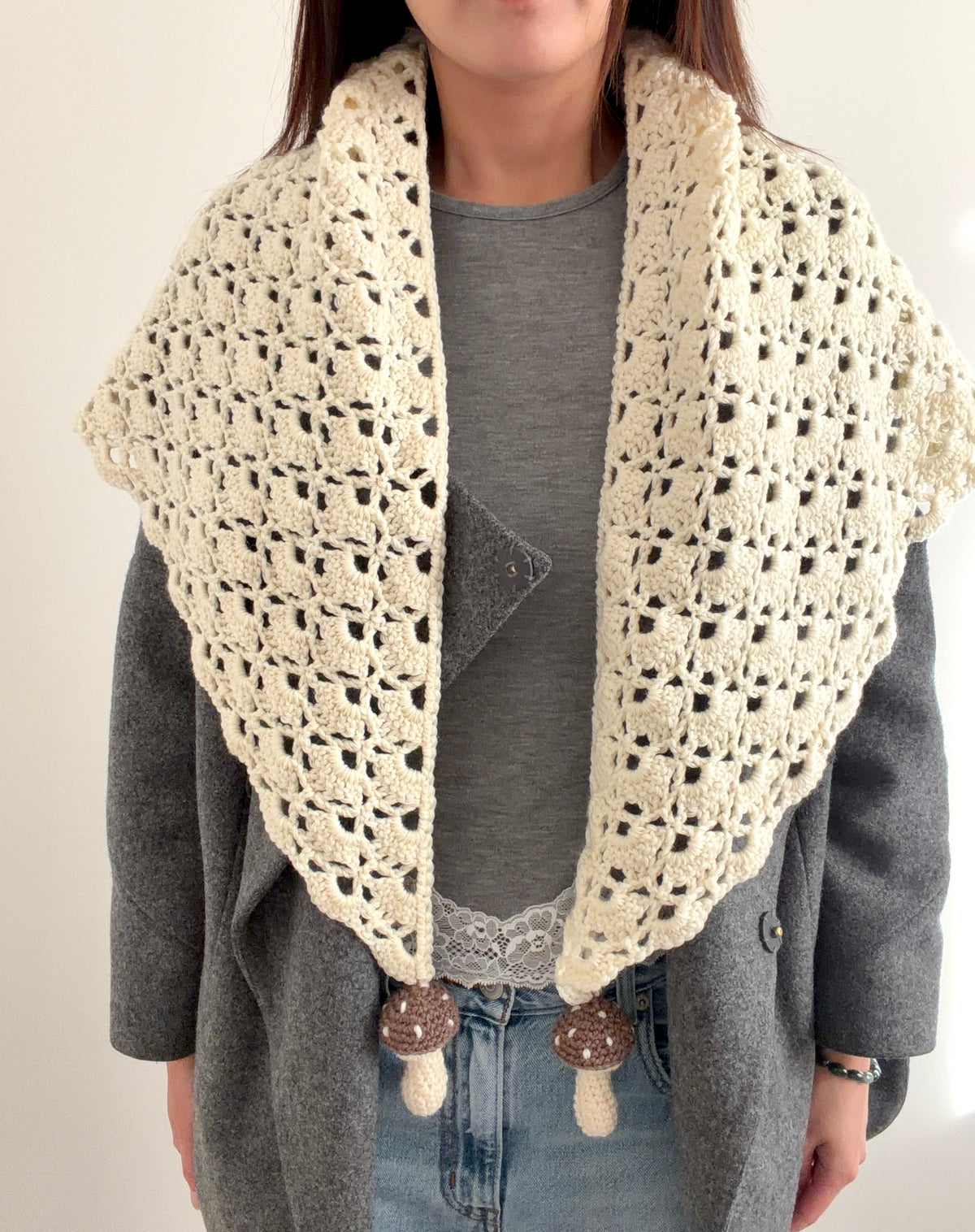 Crochet lace wool shawl with mushrooms