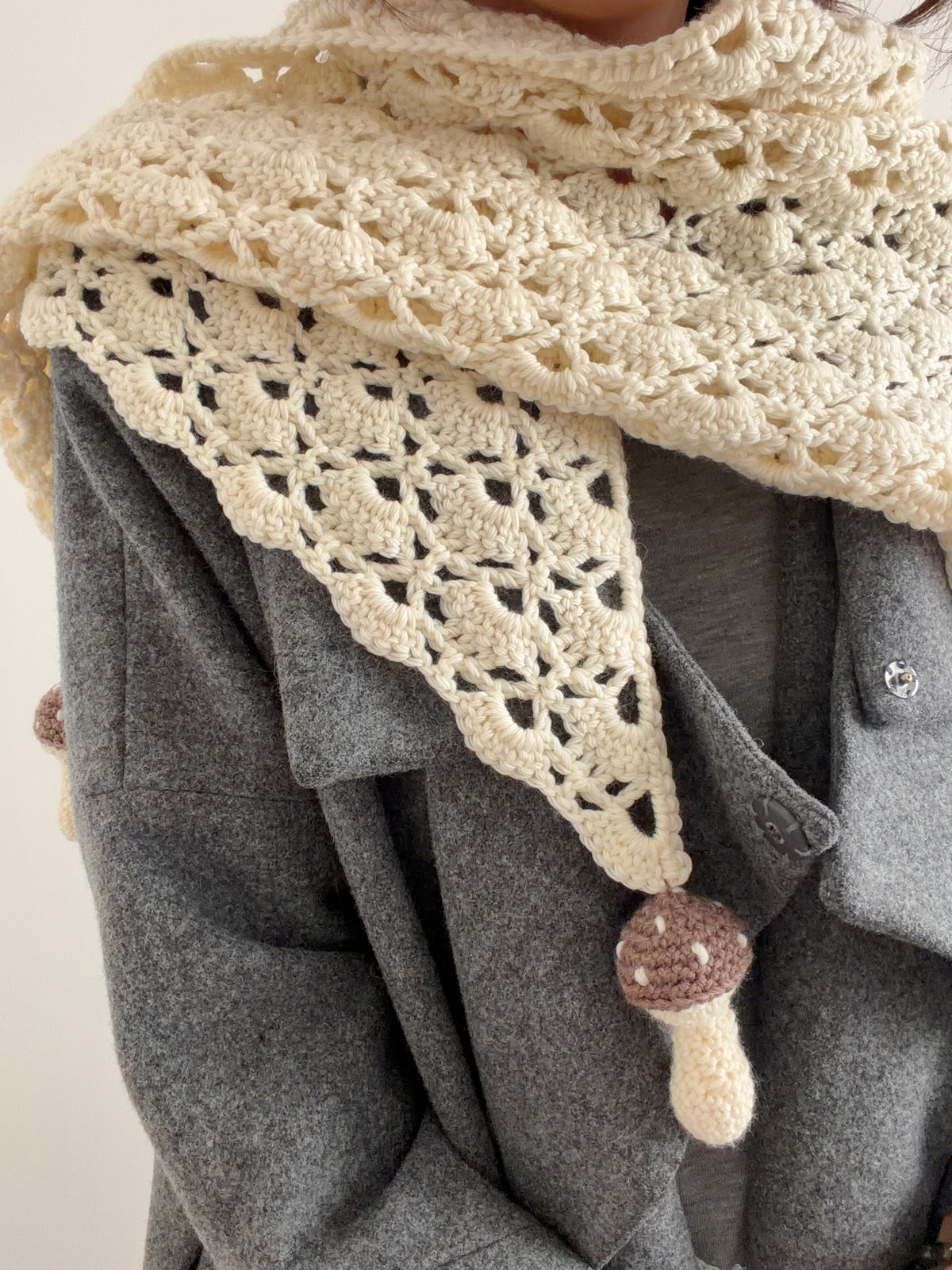 Crochet lace wool shawl with mushrooms