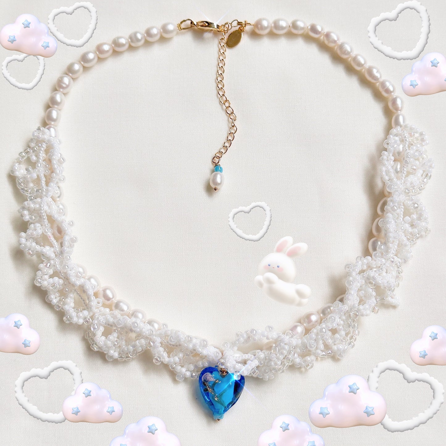 Puffy Cloud - beaded white lace necklace